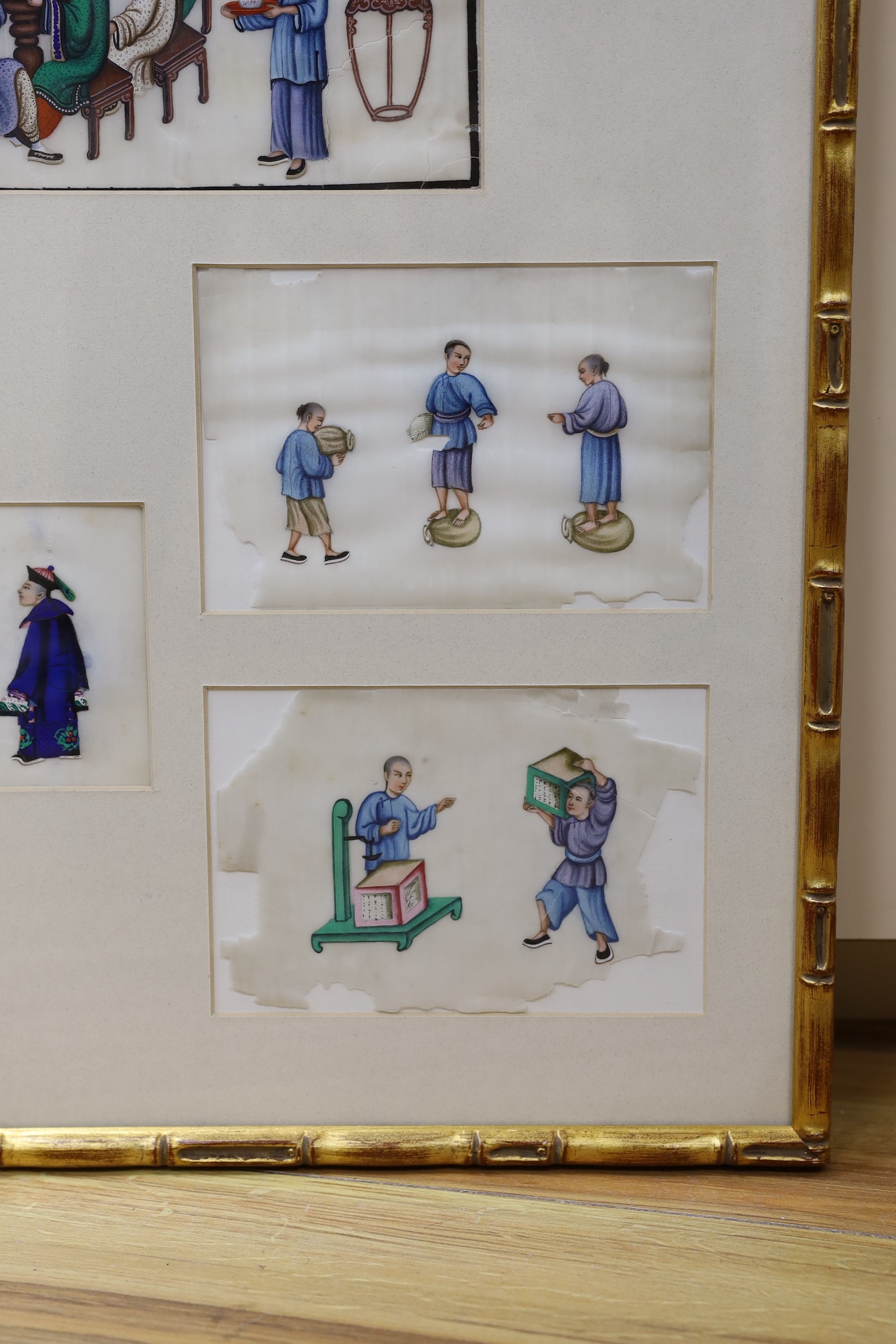 19th century Chinese School, six gouaches on pith paper, Figures around a dining table and other figure studies, largest 18 x 30cm, framed as one